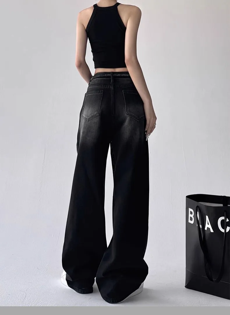 Y2K 별이 빛나는 하늘 청바지 여성 하이 웨이스트 핫 스탬프 다이아몬드 디자인 루즈 피트 와이드 레그 바닥 길이 가을 바지