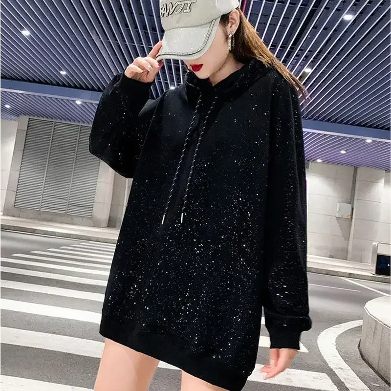 Tops Loose Baggy Pullovers Hoodies Sweatshirts for Women Rhinestone Long Hooded Sequin Glitter Female Clothes Basic New In Xxl E