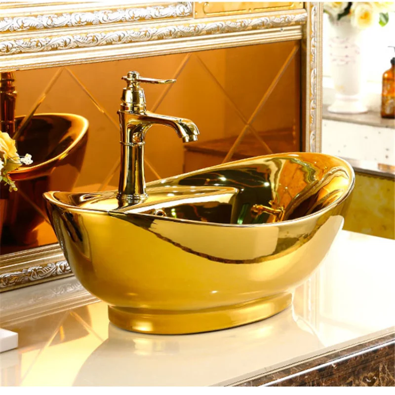 

Wholesale art sink ceramic sanitary vanity luxury mosaic golden bathroom sink gold wash basin