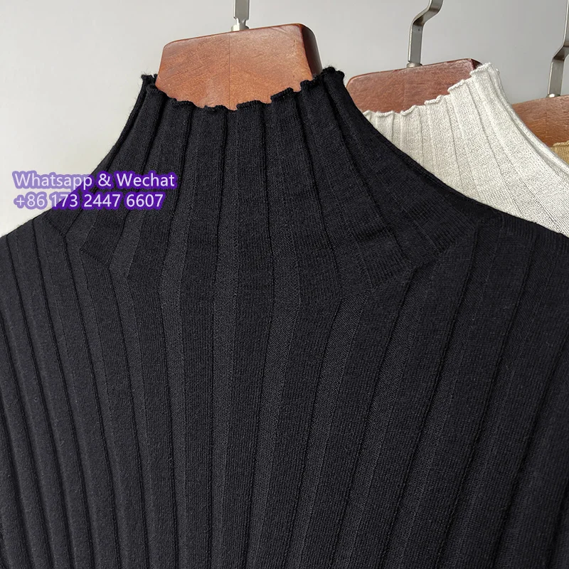 Women Rib-Knit Top Fall Winter Basic Shirt Thin Sweater Beige Black Khaki Long Sleeve Slim Fit Elaastic Stand Collar