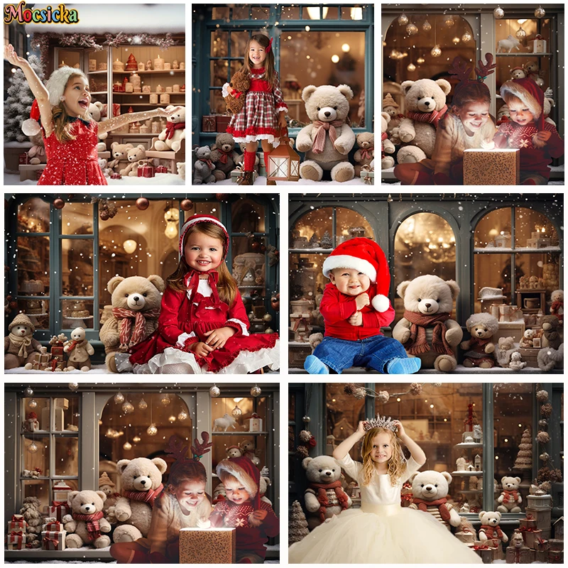 Toy Bear Gift Store for Christmas Photography Backdrop Shoot Windowsill Winter Snow Xmas Tree Backgrounds Kids Portrait Props