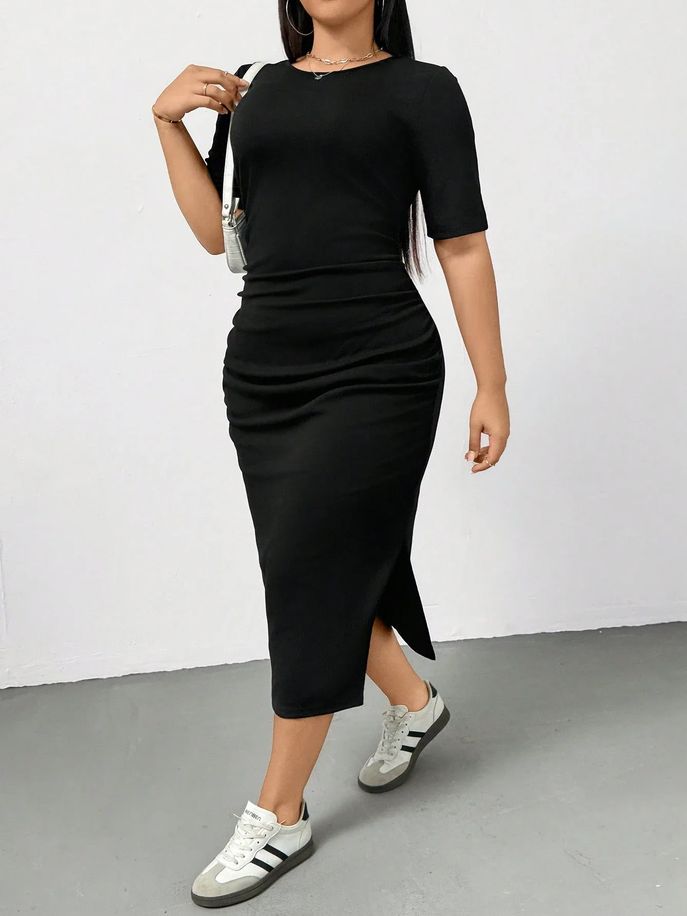 Black Short Sleeve Sheath Dress With Side Slit Casual Midi Dress