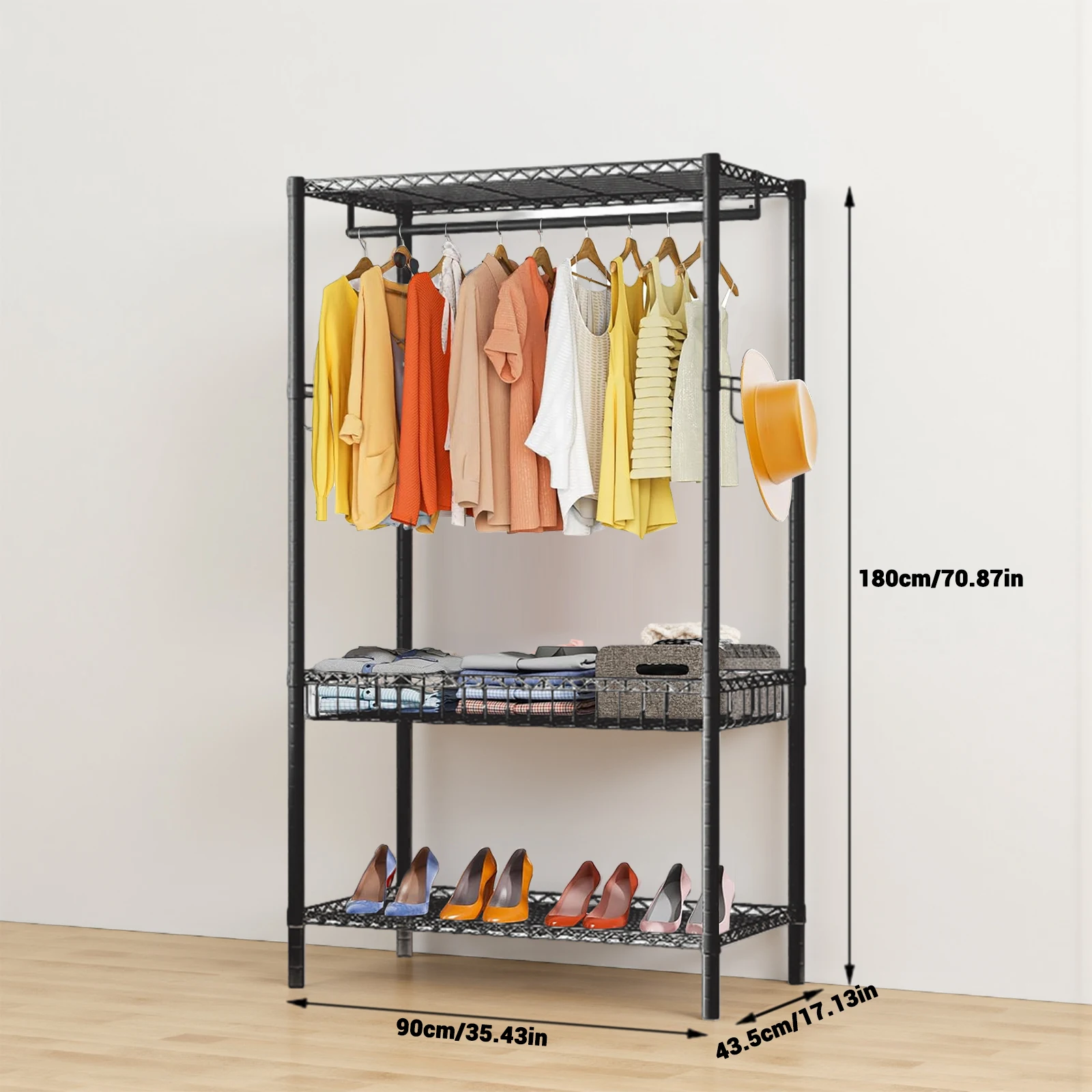 Heavy Duty Garment Rack, Portable Clothes Rack For Hanging Clothes, Wardrobe Storage Rack With 2 Shelves And 1 Hang Rod