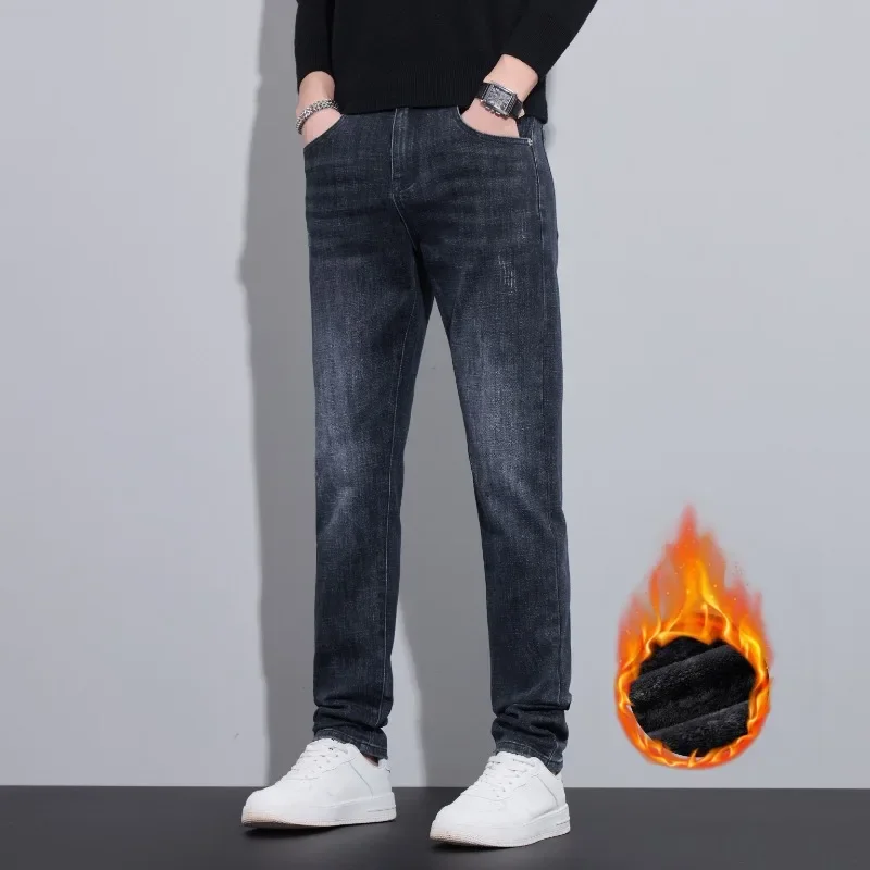 جينز شتوي من الصوف باللونين الأسود والرمادي للرجال مستقيم نحيف قابل للتمدد غير رسمي متعدد الاستخدامات وبسيط سميك أزرق ورمادي #3
