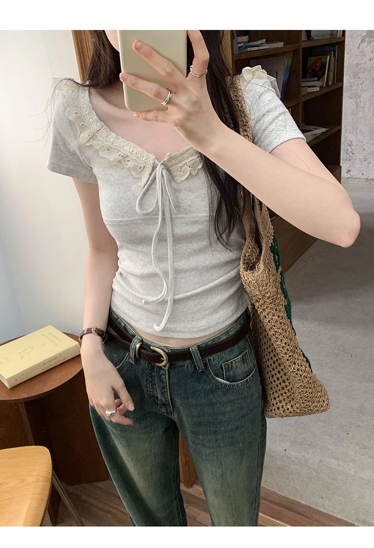 Summer new pleated short sleeved lace patchwork T-shirt for women