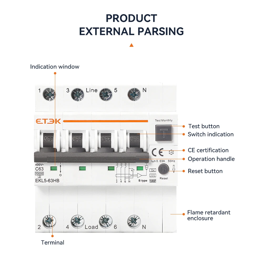 ETEK Type B RCBO Residual Automatic Circuit Breaker 10KA 3P+N 4P 40a 63a Over Current Leakage Protection 30mA EKL5