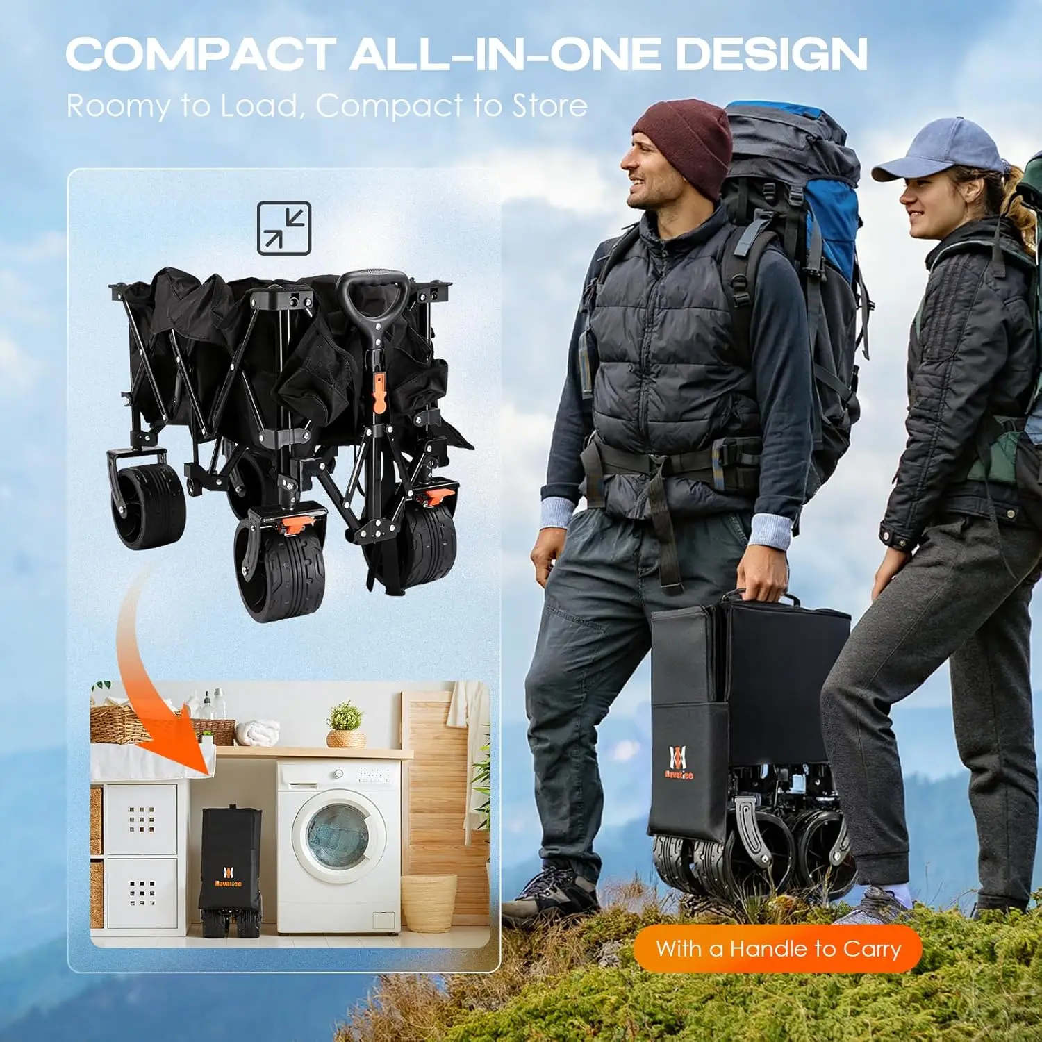 عربة عربة قابلة للطي مع عجلات صامتة لجميع التضاريس، عربة أدوات قابلة للطي شديدة التحمل لرياضات حديقة التخييم على الشاطئ