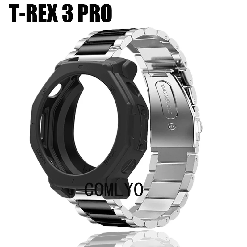 

For Amazfit T-rex 3 Pro 48MM Case Strap Smart watch Soft Protective Bumper Silicone Cover Band Stainless Steel Metal Men Belt