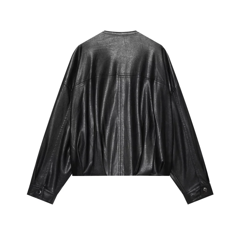 Guobioziy Women's Jacket 2026 Early Autumn New Fashion Versatile Leather-Effect Puff Sleeve Loose Zipper Front Bomber Jacket