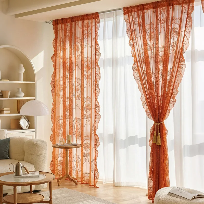 200005   New round mirror flower semi blackout French countryside lace curtain bedroom living room curtain bay window balcony wi