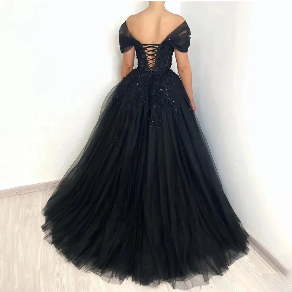 Black Tulle Prom Dress Elegant Lace Embroidery فساتين السهرة Sexy V-neck Off Shoulder Ball Gown Evening Dress 2024 Luxury