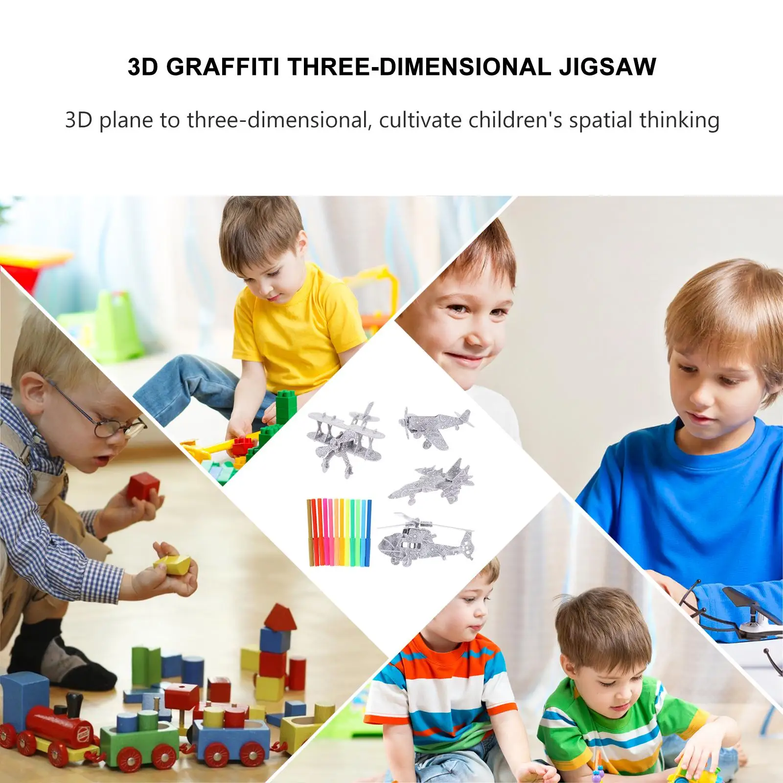 4 Pcs 3D 퍼즐 비행기 아트 공예 어린이 교육 장난감 나무 마커 펜 DIY 낙서 세트 파티 호의 홈 장식 선물