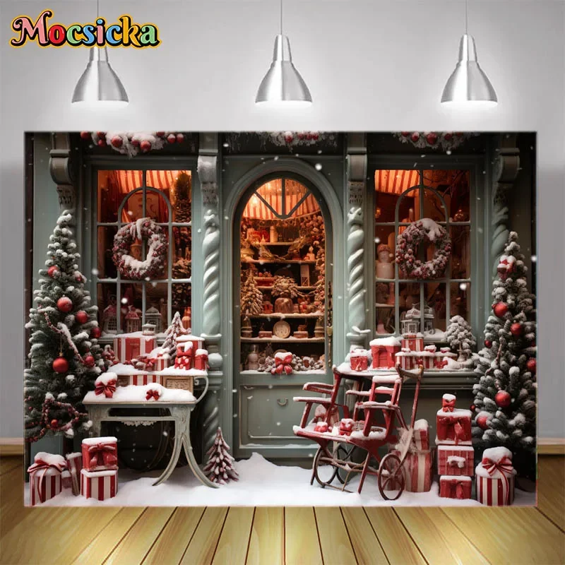 

Mocsicka Christmas Shop Photography Background Winter Snow Xmas Tree Green Gift Outlet Kid Family Portrait Backdrop Photo Studio