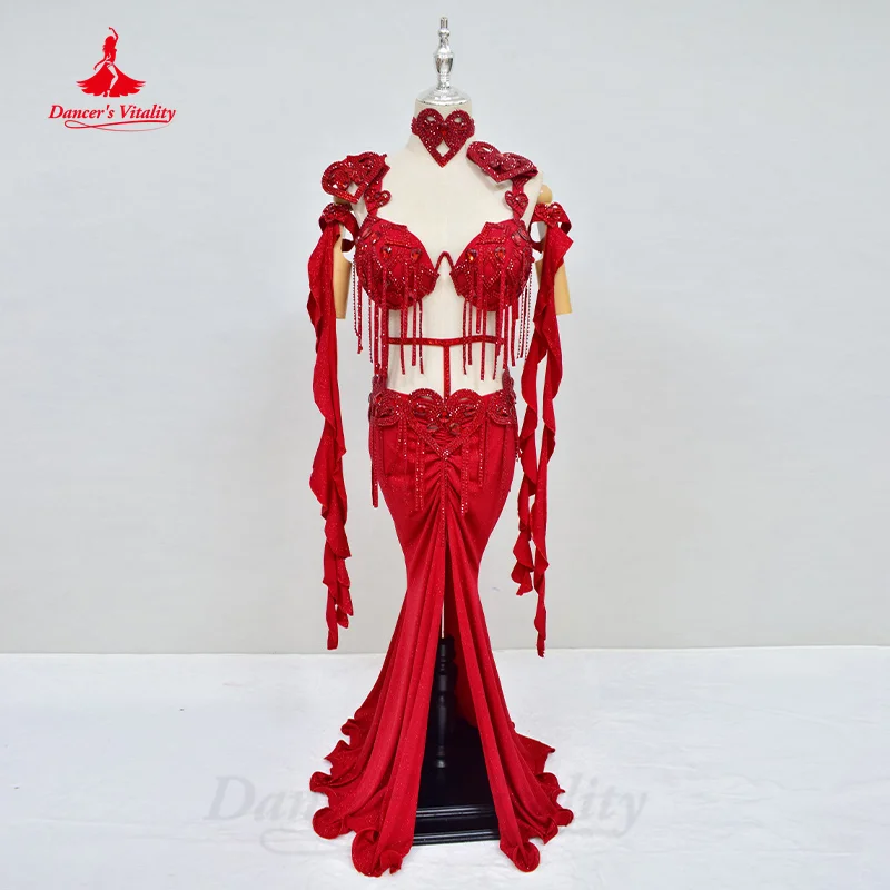 BellyDance Costume Women\'s Customization AB Stones Tassels Bra+sexy Split Long Skirt 2pcs Oriental Dance Performance Costumes