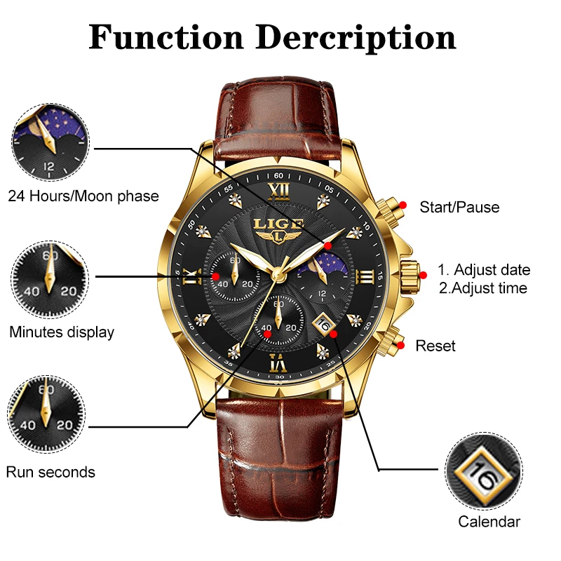 New Fashion LIGE Luxury Quartz Man Watch Outdoor Casual Sports Leather Strap Watches for Men Waterproof Luminous Date Wristwatch