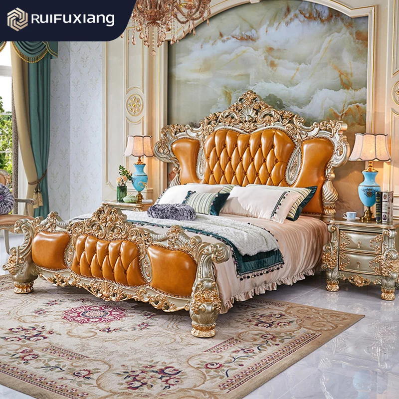 Luxury King-Size European-Style Bed, Royal Vintage Golden Solid Wood Bed, Bedroom Set, Villa & Hotel Furniture