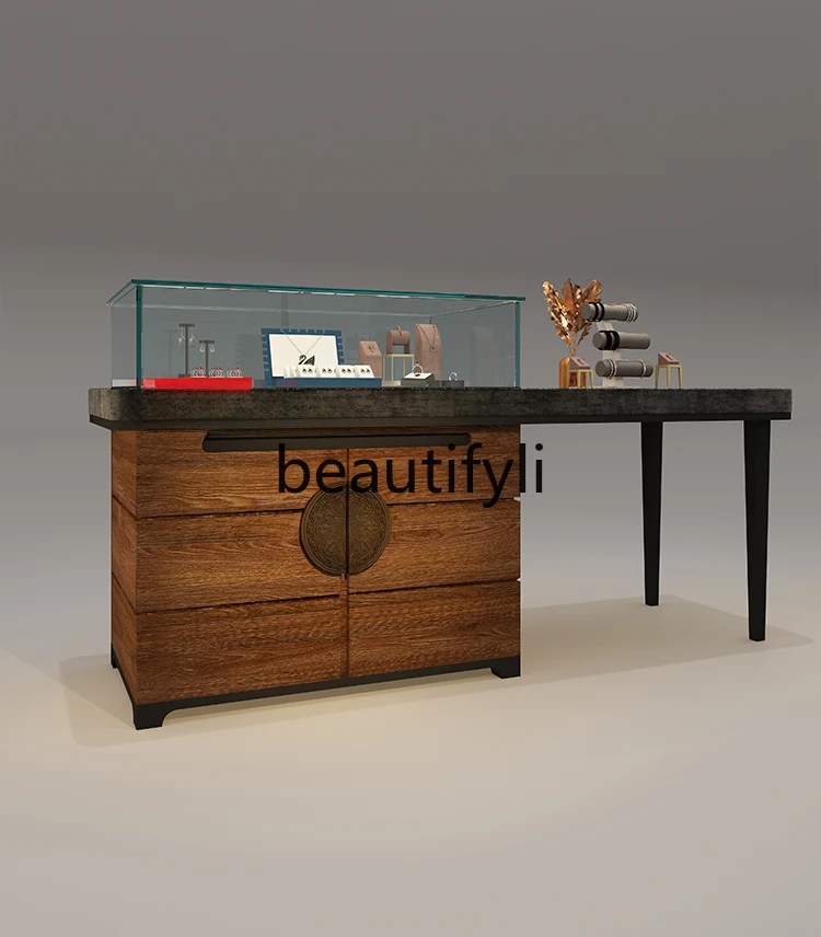 

Jewelry glass Zhongdao display cabinet retro solid wood paint cabinet high-end museum display cabinet customization