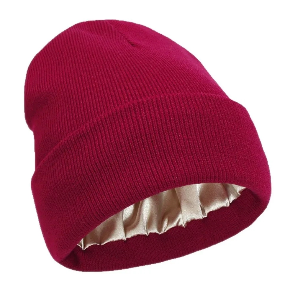 New Satin Satin Lined Beanie Cap Anti-Static Knit Construction Slouchy Beanie Double Layer Sleeping Cap For Women and Men