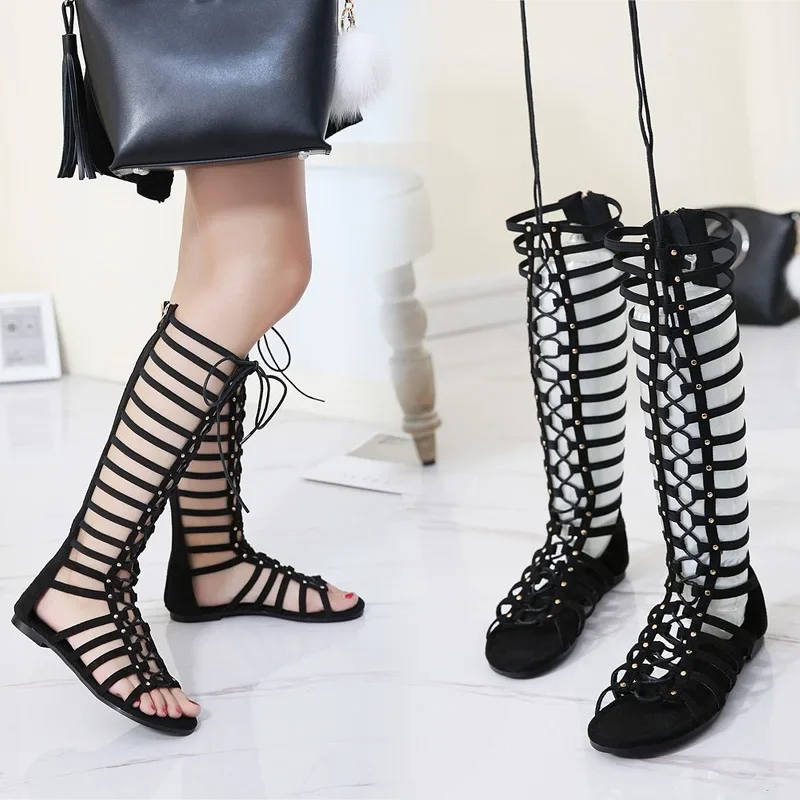 Women Sandals Strappy Open toe Knee High Summer Gladiator Flat Sandals Roman Bandage Casual Boots shoeskf65