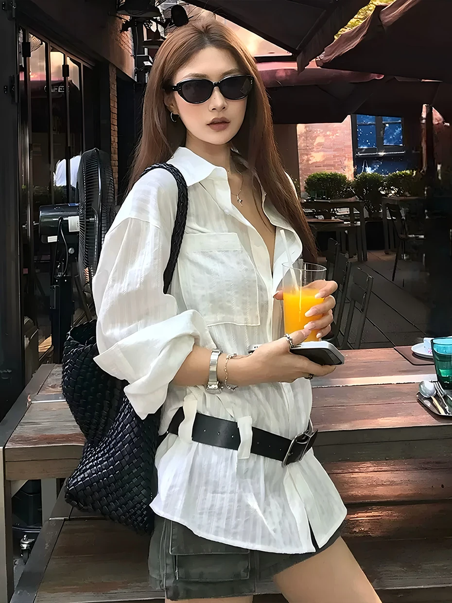 

White Sun Protection Long Sleeve Shirt Women's Loose Waist Cotton Linen Outerwear Summer 2026 New Design Casual Style