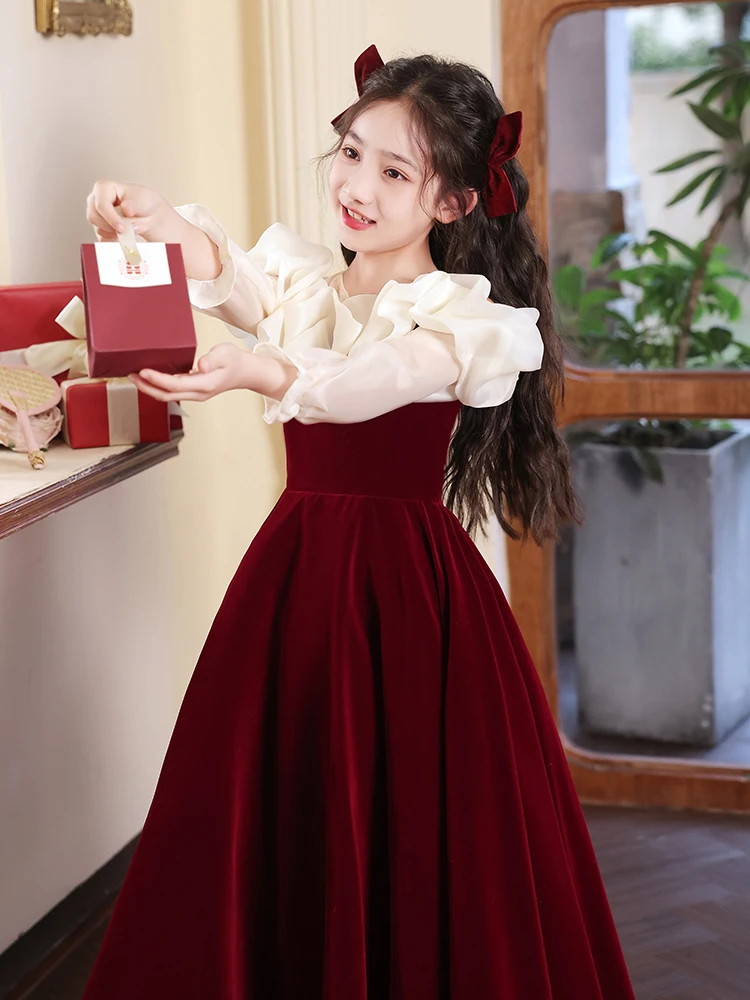 YZYmanualroom-Robe de première communion en velours rouge pour filles, robe de demoiselle d'honneur junior pour adolescentes, haut de gamme élégant, fête de mariage, interdit