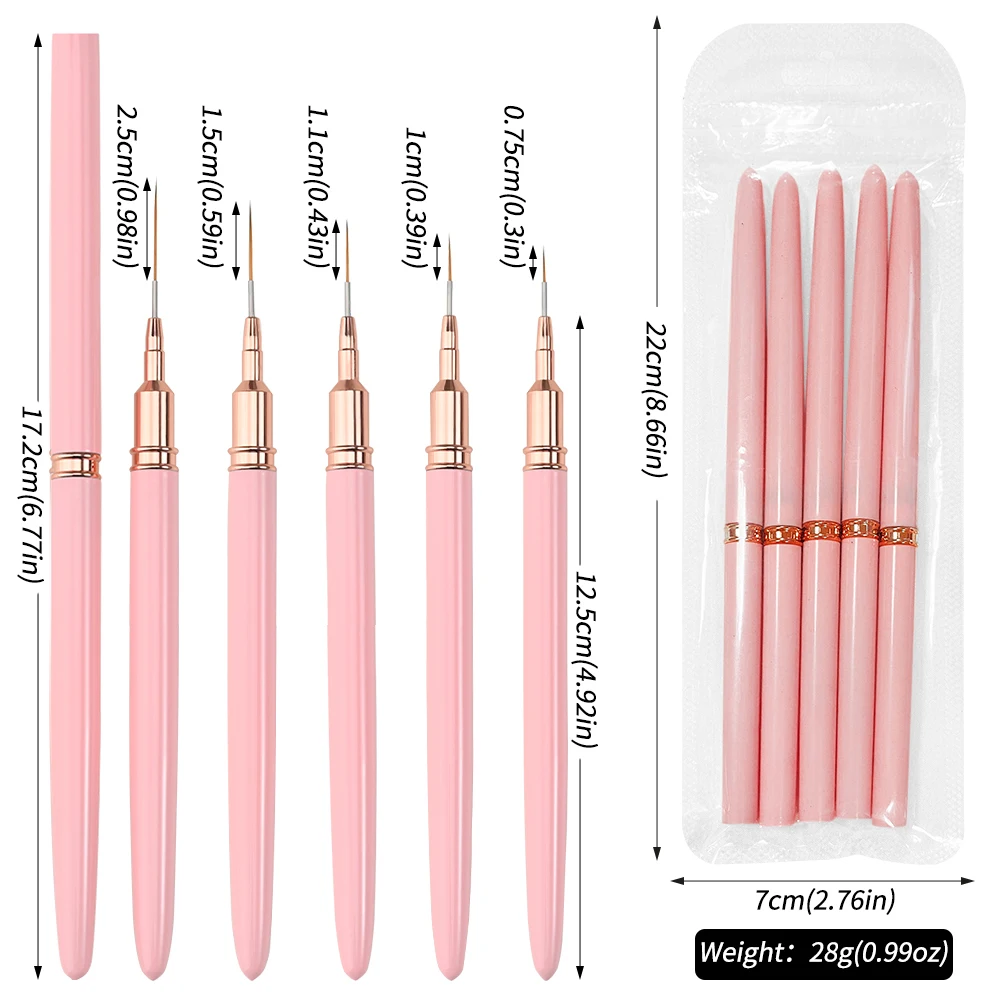 5Pcs/Set French Nail Art Liner Painting Brush 7/10/12/15/20mm Dotting Drawing Pens Lines&Stripe&Flower Painting Manicure Tools #