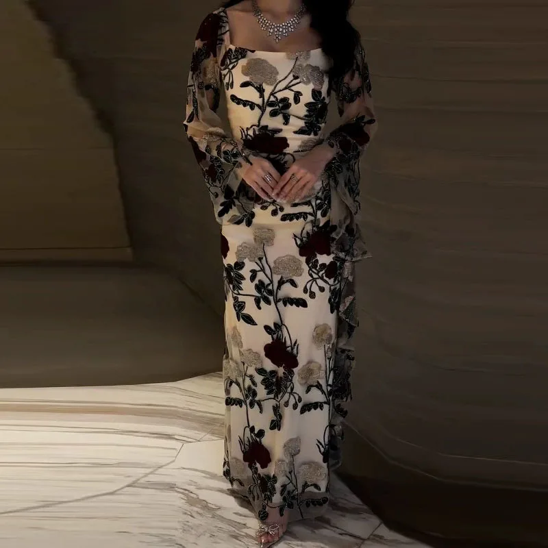 ชุดเดรสยาวลำลองสำหรับผู้หญิง แขนยาว เหมาะสำหรับวันหยุด ดีไซน์หรูหรา สีดำ ลายดอกกุหลาบ ชุดเดรสออกงาน แฟชั่น คอเหลี่ยม ผ้าตาข่าย ลูกไม้ ชุดราตรี