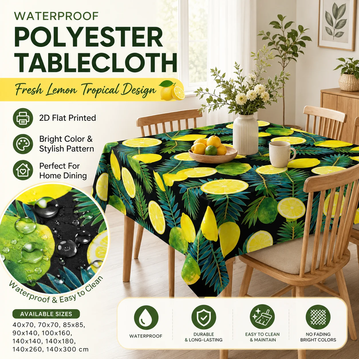 

Fresh Lemon Tropical Plant Tablecloth Waterproof Polyester 2D Flat Printed Table Cover For Summer Home Kitchen Dining Decor