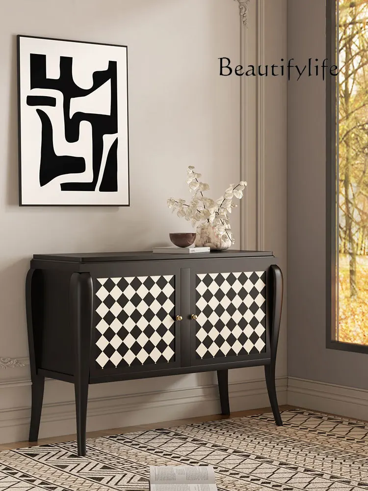 French Retro Solid Wood Sideboard Double Door Black and White Plaid Storage Corridor Entrance Cabinet Lobby Wine Cabinet