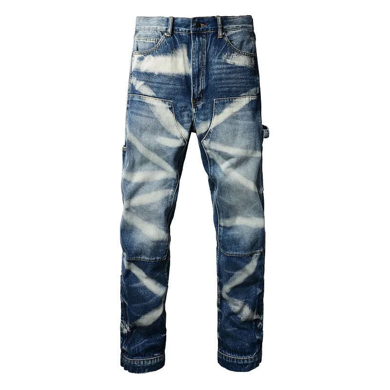 Men Streetwear Pockets Cargo Denim Jeans Vintage Blue Bleach Pants Bottom Buttons Loose Straight Trousers