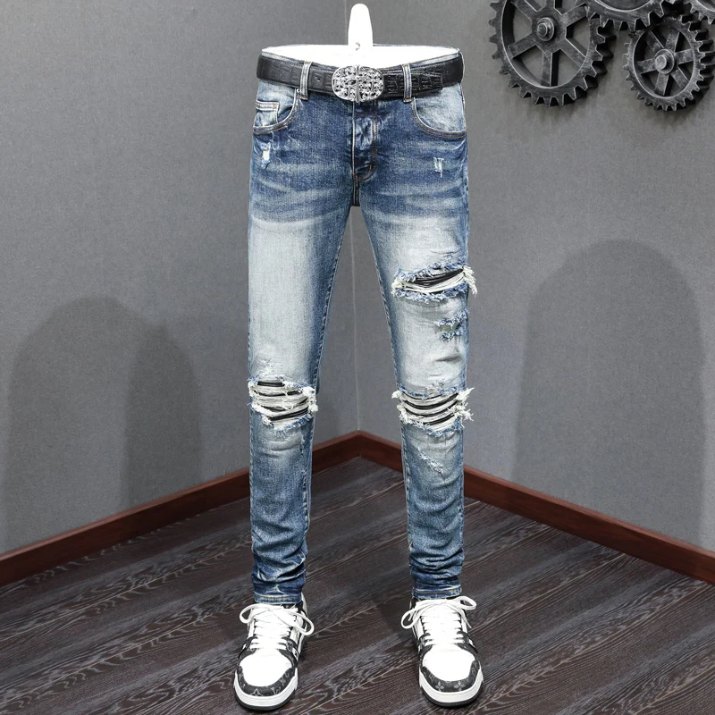 

High Street Fashion Men Jeans Retro Blue Stretch Skinny Fit Ripped Jeans Men Leather Patched Designer Brand Hip Hop Denim Pants