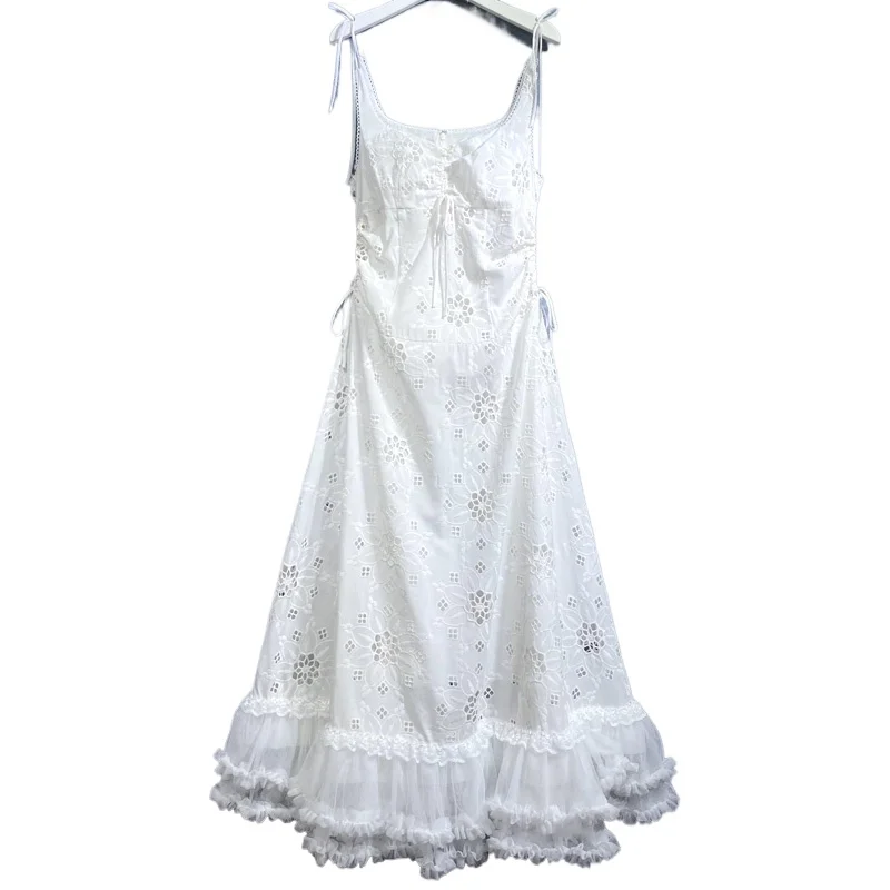 

Doris Fanny 2024 New Women's Fashion Sleeveless Cotton Dress Summer Spaghetti Strap Dwawstring Hollow Out Lace White Party Dress