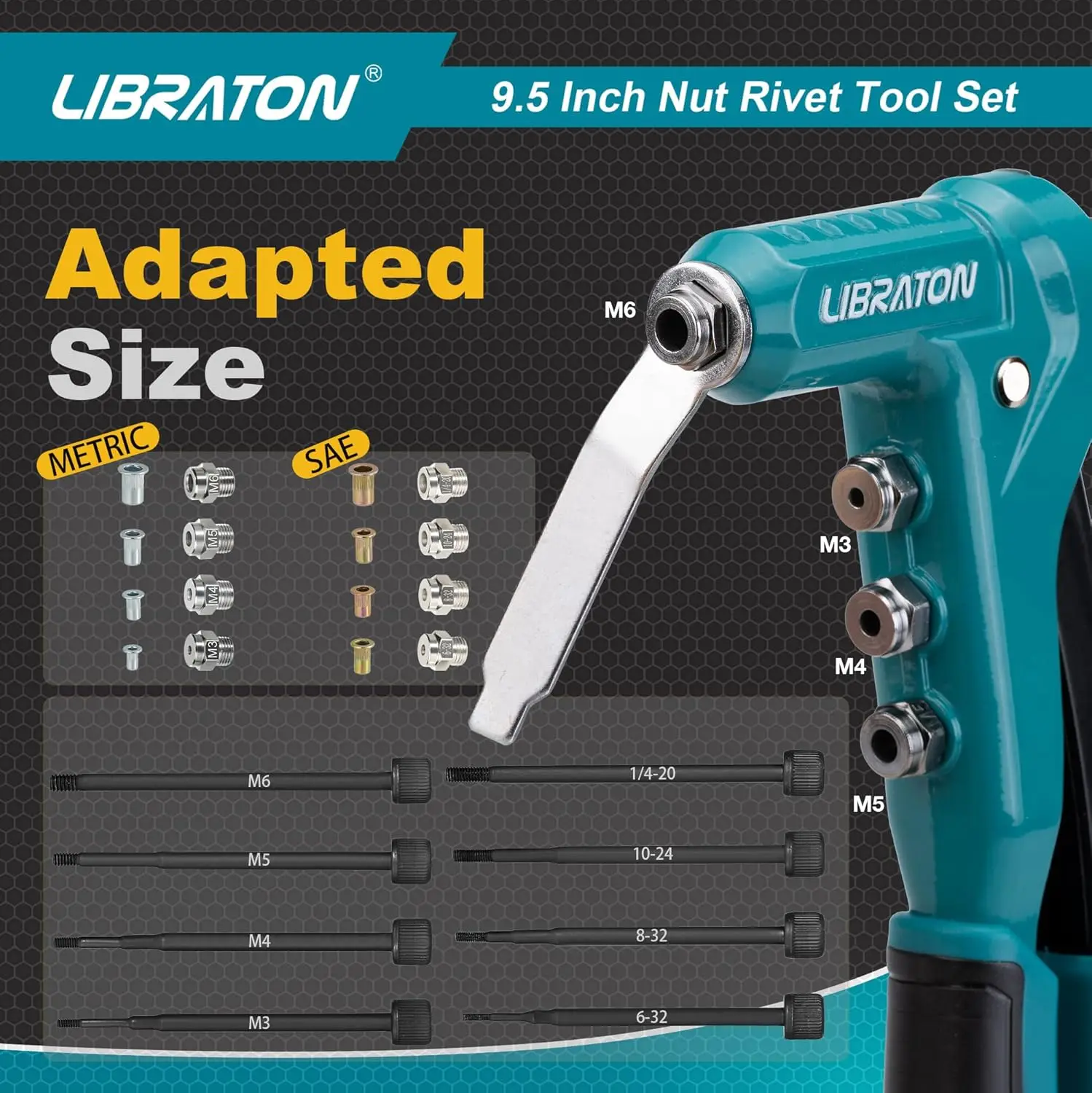 LIBRATON Rivet Nut Gun Kit, 9.5 Inch One-Handed Nut Rivet Gun with 80PCS Threaded Rivet Nuts Metric M3-M6 & SAE 6-32\