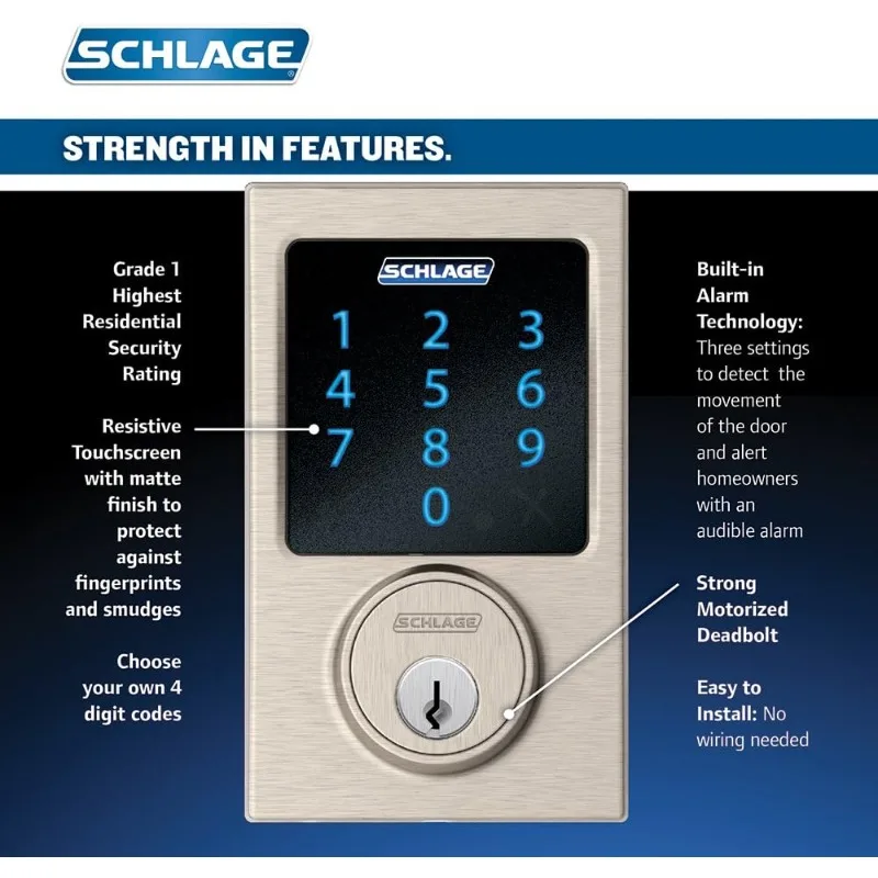 SCHLAGE Connect Century Touchscreen Deadbolt with Built-In Alarm and Handleset Grip with Latitude Lever, Satin Nickel