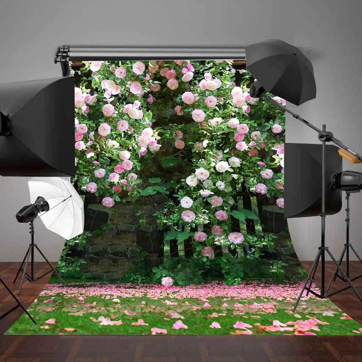 Nature Scenery Photography Backdrop Millennial Pink Flower Wall Green Leaves Background A Vibrant Garden Banner Poster