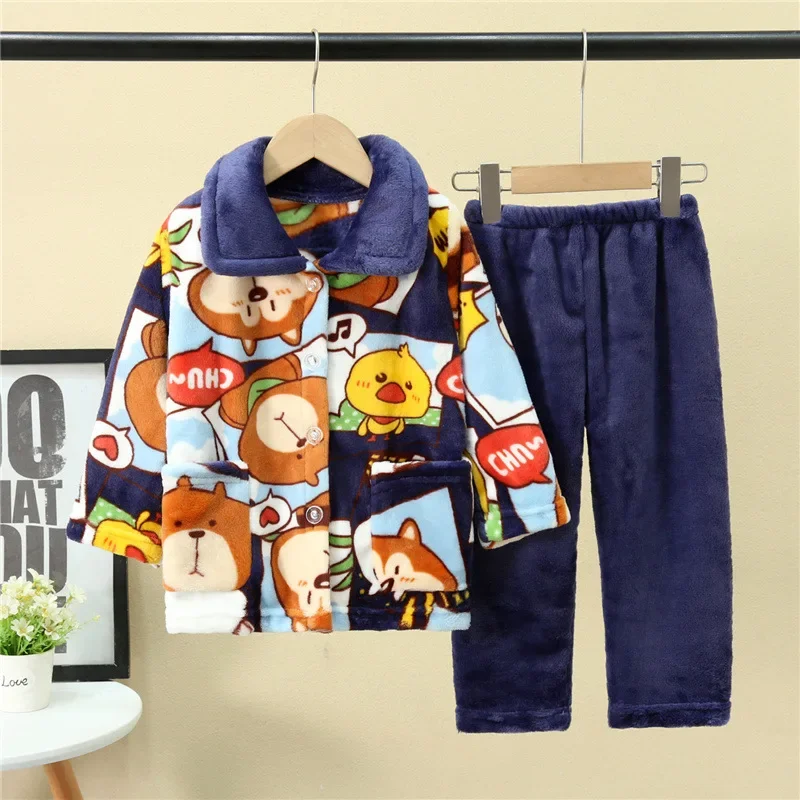 New 2023 Kids Flannel Pajama Sets Autumn Winter Boys Girls Warm Cartoon Long Sleeve Lapel Tops with Pants Sleeping Clothing Set