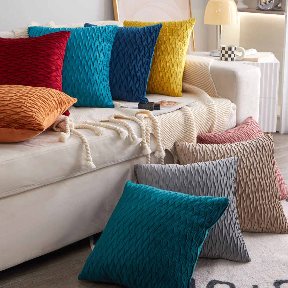 45x45cm Solid Color Stripe Ruffled Dutch Velvet Pillowcase Home Decor Pillow Cover Geometric Plush Cushion Cover For Living Room