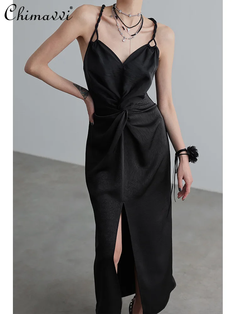 

American Elegant Retro Sleeveless V-neck Sexy Backless High Waist Pleating Slim Fit Slit Double Straps Evening Long Dress Women