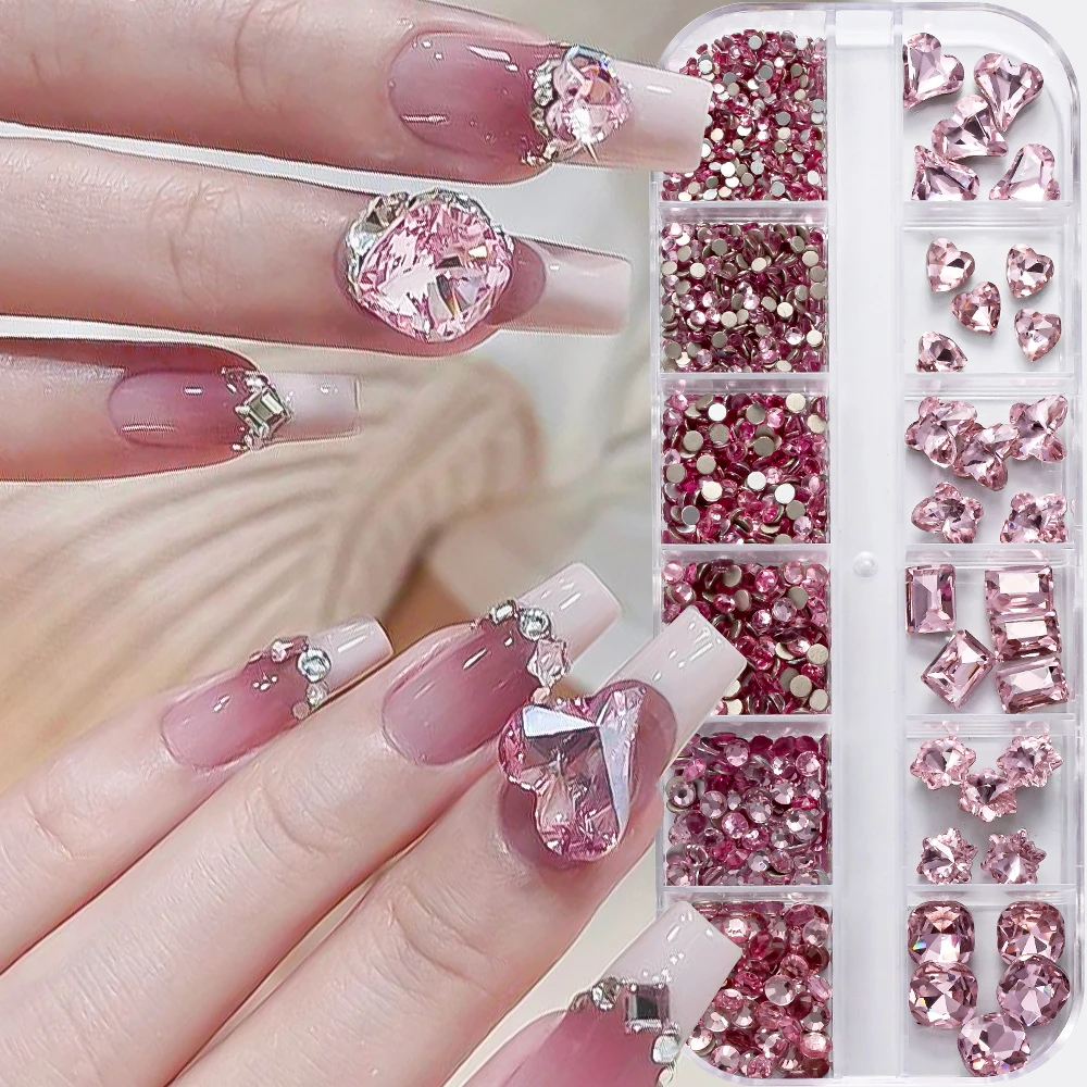 

12Grids Y2k Pink Crystal Nail Rhinestones 3D Luxury Charms Star, Heart, Square, Butterfly Mix Nail Jewelry Gem DIY Manicure Deco