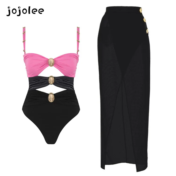 2024 New One-piece Swimsuit Female Gold-plated Round Buckle Decoration Three-color Hollow Splicing Sexy Swimsuit Suit