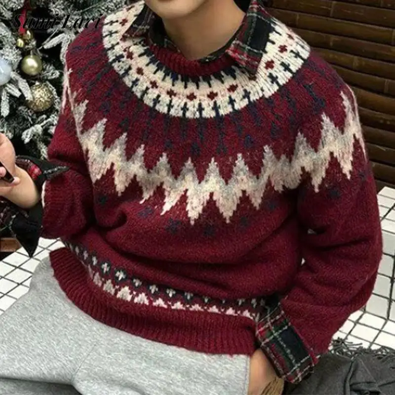 

New Casual Mens Knitting Sweater Autumn Winter Daily Leisure Mens Knitted Jumper Tops Men Vintage Geometric Jacquard Sweaters