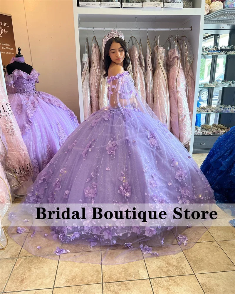 Lavender Flowers Princess Quinceanera Dresses With Detached Cape Beads Crystal Sweet 16 Dress Vestido De 15 Años Customized