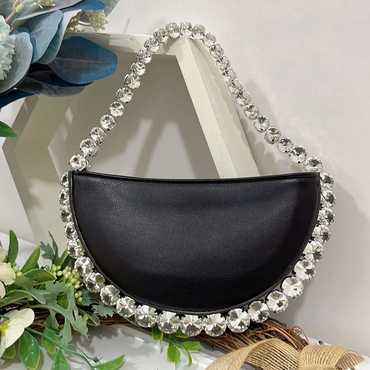 Women Rhinestones Evening pouch tote Bag shining Crystal Party Wedding half moon Bag silver gold black purple wholsale