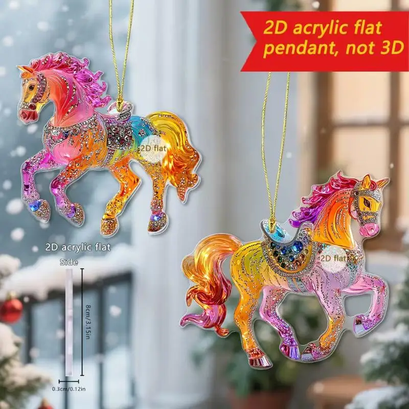 2Pcs Christmas 2D Flat Acrylic Horse Keychain Pendant Home Decoration Gift Festive Aesthetic Car Hanging Ornament Keychain
