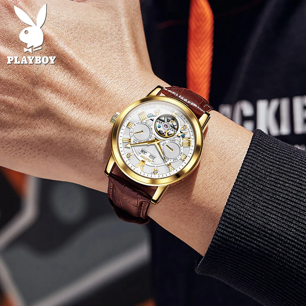 PLAYBOY Mens Watches Automatic Mechanical Watch Tourbillon Sport Clock Leather Casual Business Fashion Wristwatch Relojes Hombre