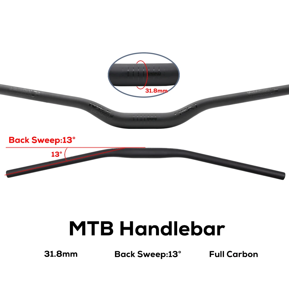 

NEXT Full Carbon Fibre Lightweight MTB Handlebar,Black Matte,Rise,13° Large Back Sweep Angle,Clamp Diameter 31.8mm,XC Handlebar