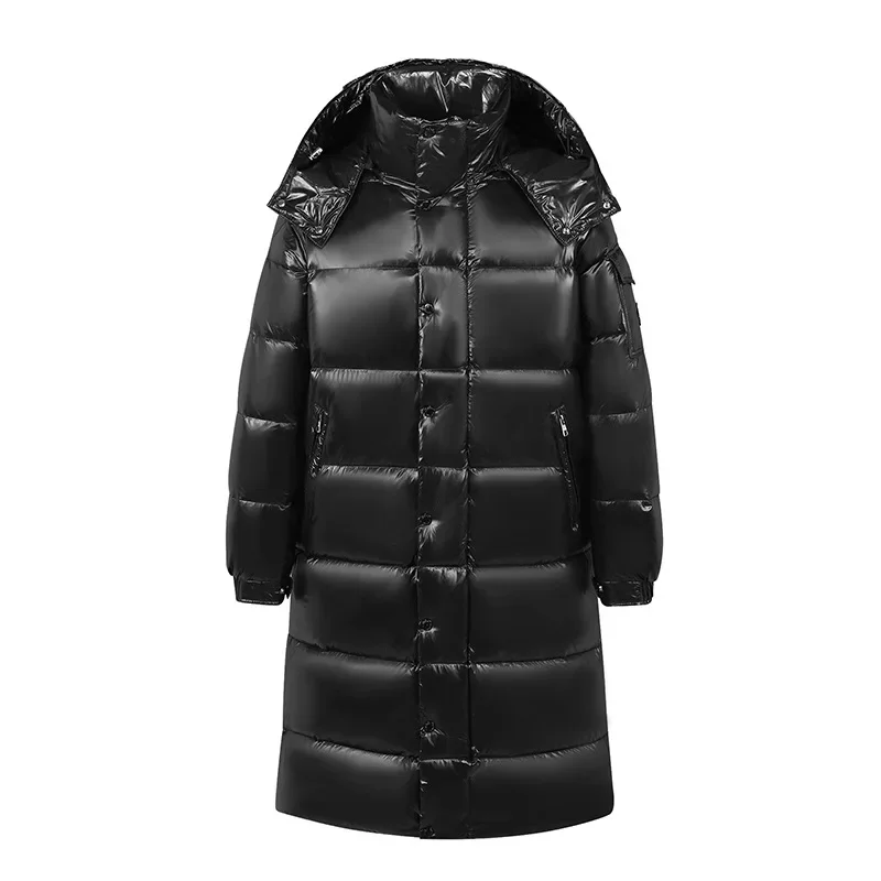 

Men's Winter Hooded Down Jacket High-end Fashion Black Long Coat Gold Glossy Ultra Light White Duck Down Parkas Men Warm Parkas