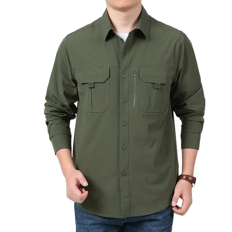 

Autumn Men's Shirt Solid Color Multiple Pockets Lightweight And Quick Drying Shirt Outdoor Casual Long Ieeved Shirt Men's Shirt