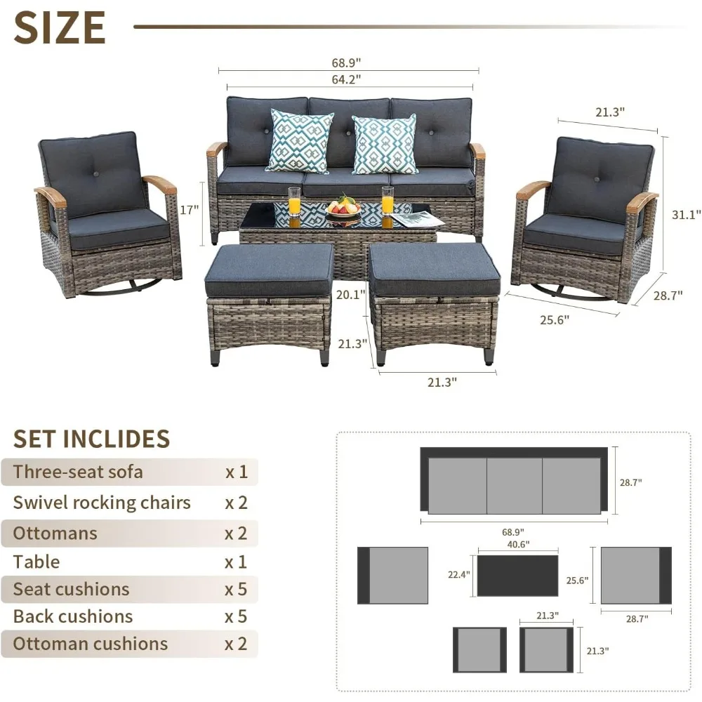 6/7 Pieces Outdoor Rattan Furniture Sets with 2 Wood Armrests Swivel Rocker Chairs, 2 Ottoman, 3-Seat Sofa and Coffee Table