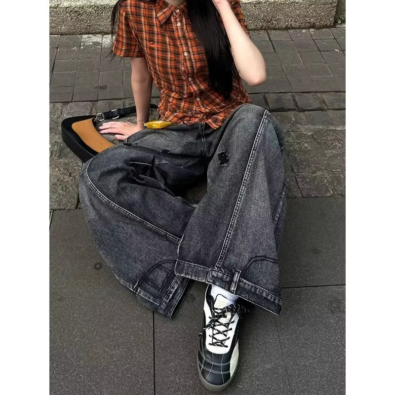 Black High-Waisted Wide-Leg Cargo Jeans for Women Vintage Y2K Style Casual Loose Fit Summer Denim Baggy Pants